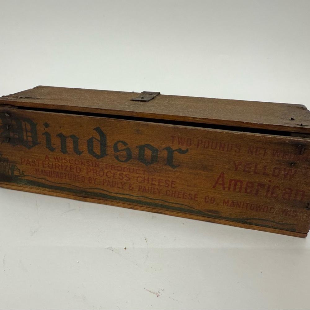 Vintage Windsor Cheese Wooden Box Folk Art Leather Piece for Hinges